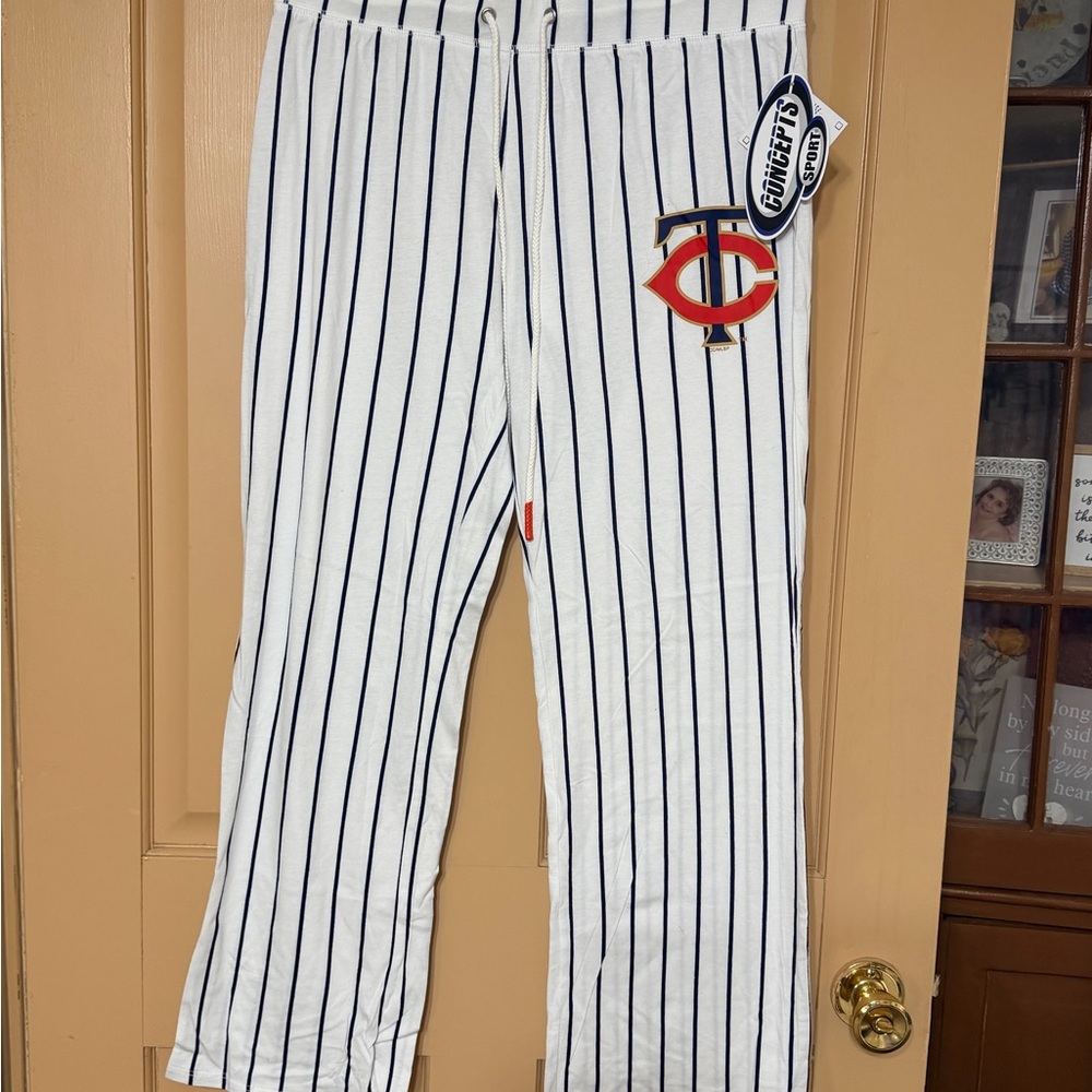 MLB White Track Pants with Navy Pinstripes and Red‎ Logo
